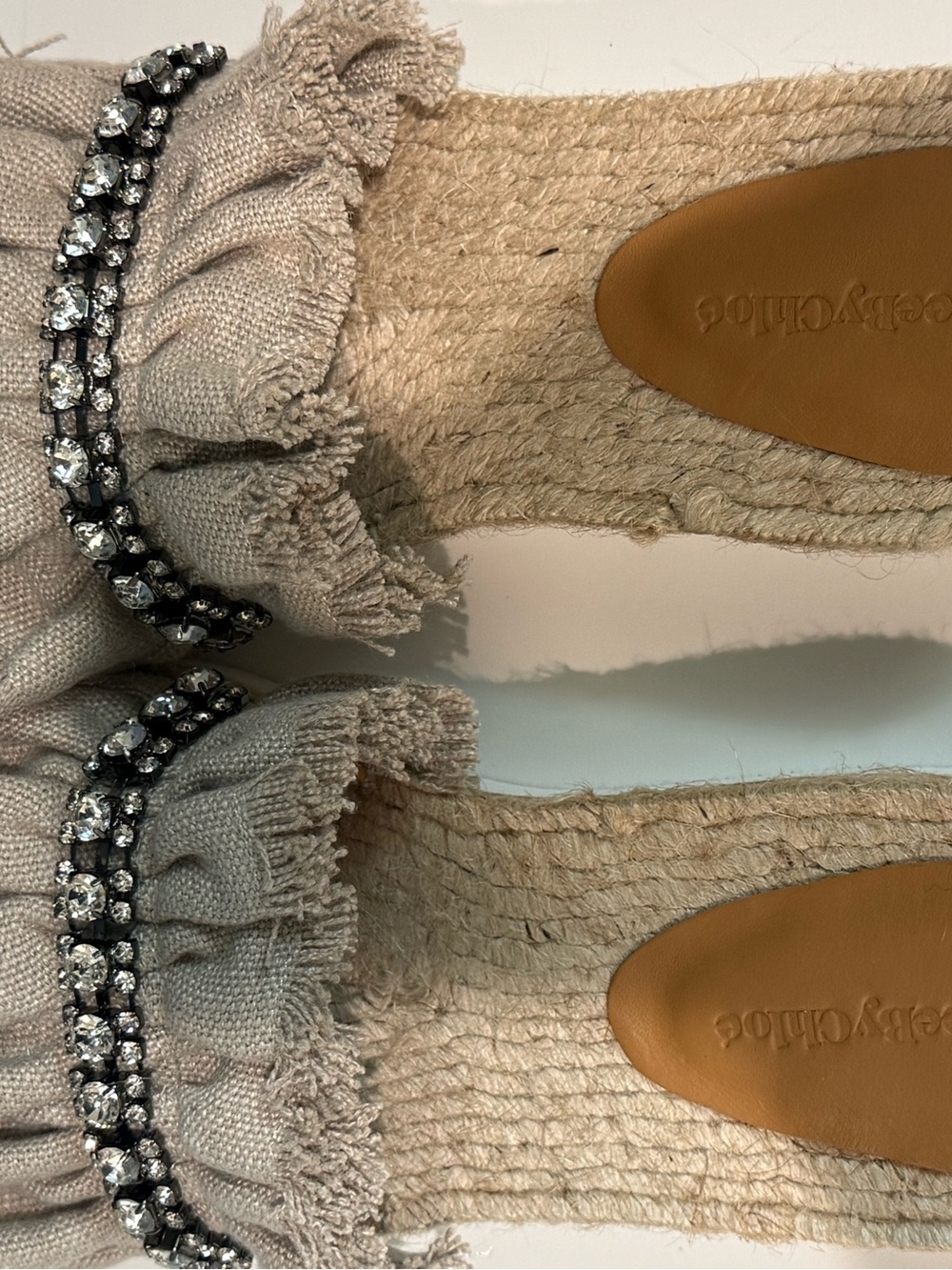 New See by Chloe Women's Beige Fringed Espadrille Slide with Crystal Accent - Picture 4 of 5